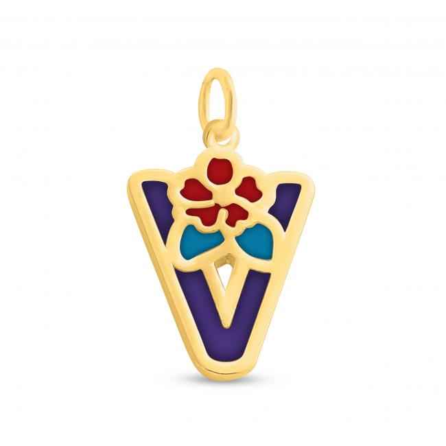Gold plated necklace Colored Initial Letter V with Flower