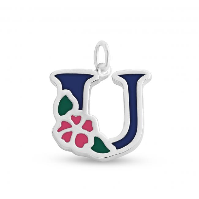 925 sterling silver necklace Colored Initial Letter U with Flower