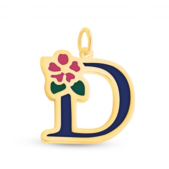 Gold plated necklace Colored Initial Letter D with Flower