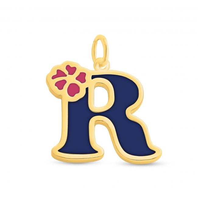 Gold plated necklace Colored Initial Letter R with Flower