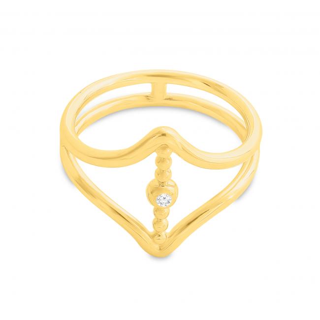 Gold plated ring Vertical CZ Bar between Double V Chevron Plain Double Band Ring