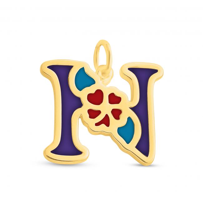 Gold plated necklace Colored Initial Letter N with Flower