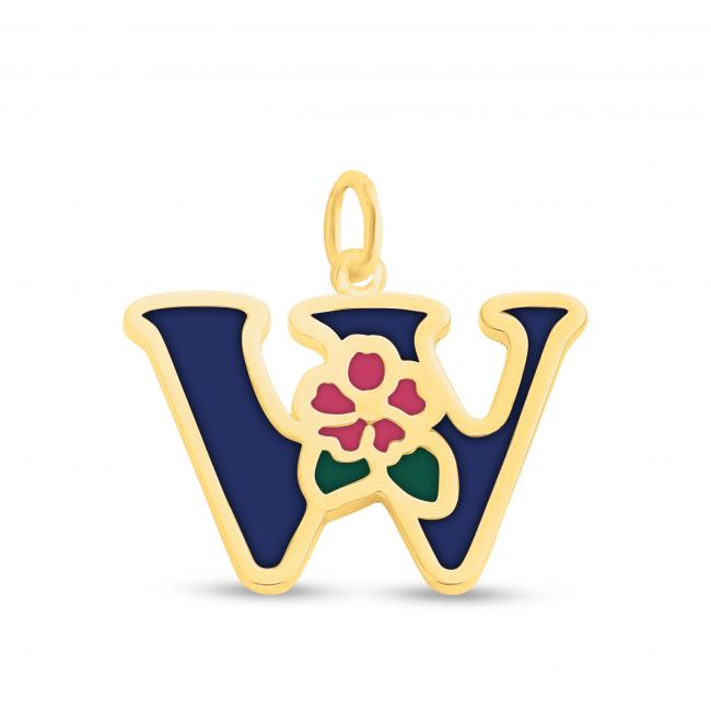 Gold plated necklace Colored Initial Letter W with Flower