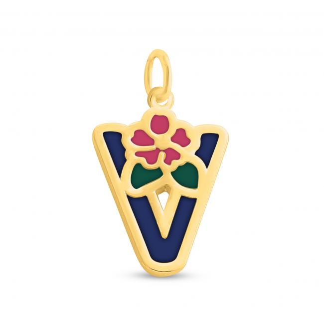 Gold plated necklace Colored Initial Letter V with Flower