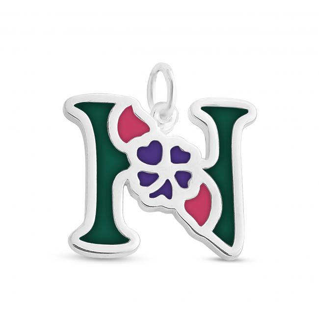 925 sterling silver necklace Colored Initial Letter N with Flower