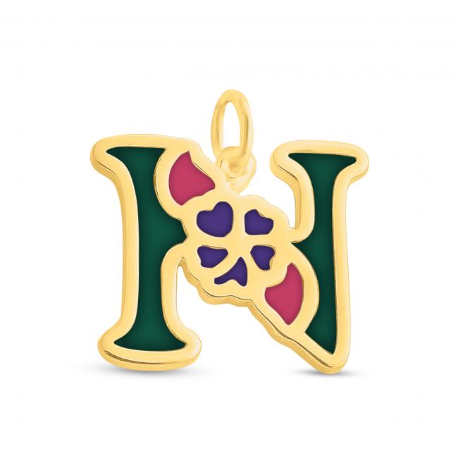 Gold plated necklace Colored Initial Letter N with Flower