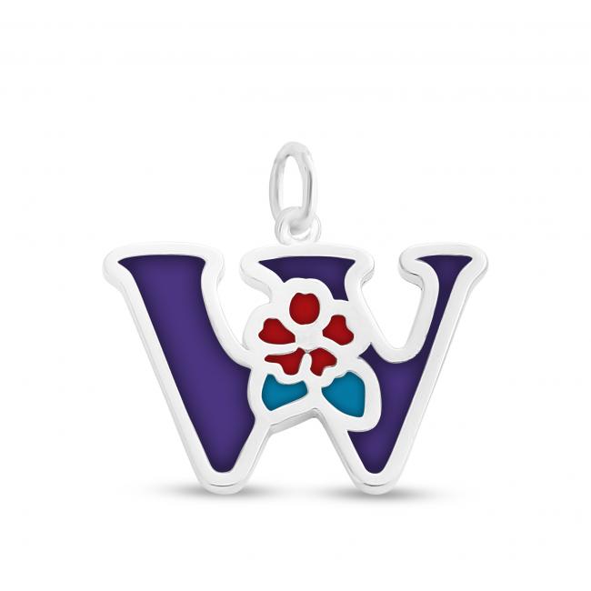 925 sterling silver necklace Colored Initial Letter W with Flower