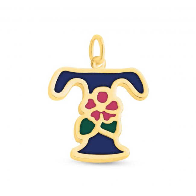 Gold plated necklace Colored Initial Letter T with Flower