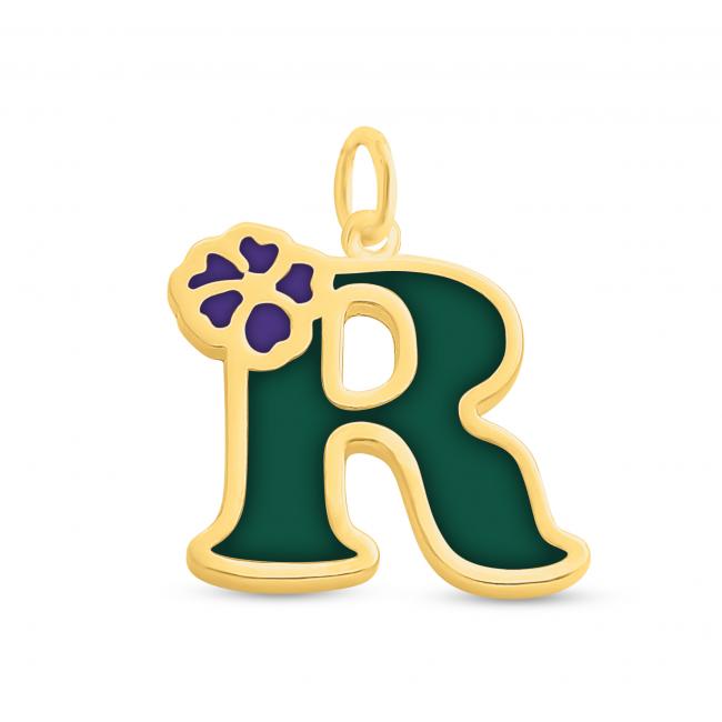 Gold plated necklace Colored Initial Letter R with Flower