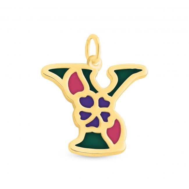 Gold plated necklace Colored Initial Letter Y with Flower