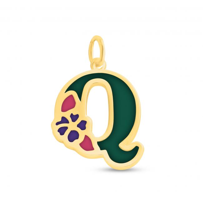 Gold plated necklace Colored Initial Letter Q with Flower