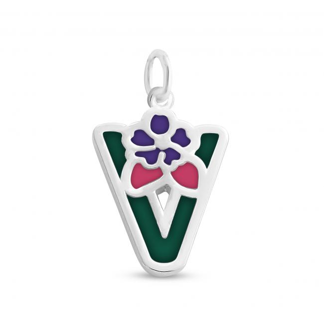 925 sterling silver necklace Colored Initial Letter V with Flower