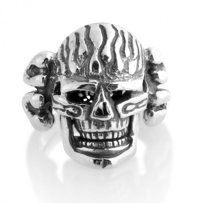 925 sterling silver ring Large Skull with Flames Biker Motorcycle Hardcore Born to Ride Mens Ring Moving Jaw