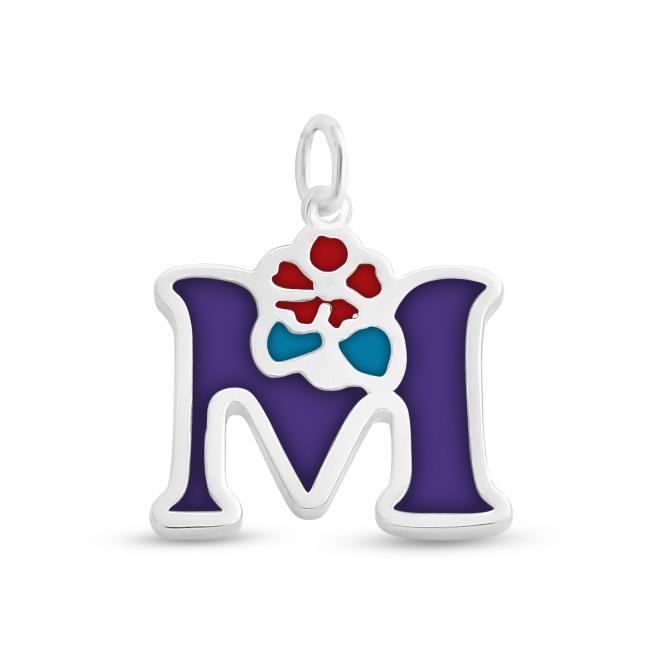 925 sterling silver necklace Colored Initial Letter M with Flower
