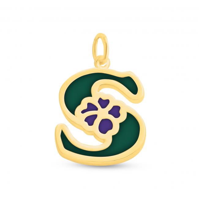 Gold plated necklace Colored Initial Letter S with Flower