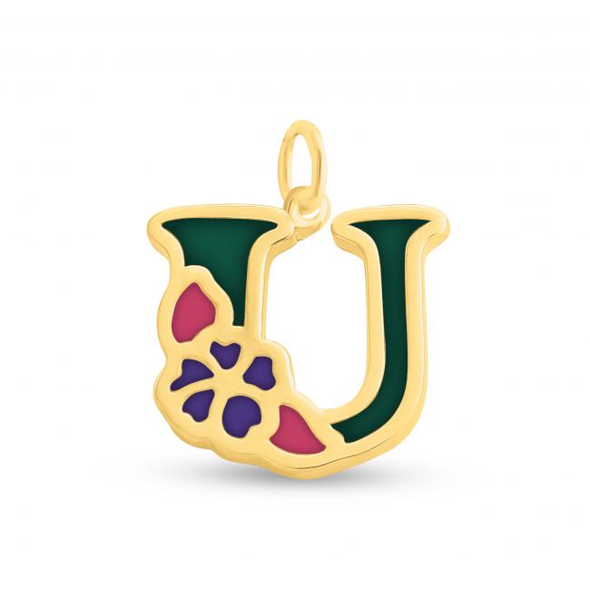 Gold plated necklace Colored Initial Letter U with Flower