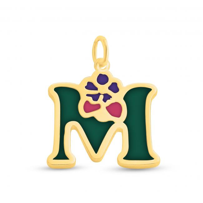 Gold plated necklace Colored Initial Letter M with Flower