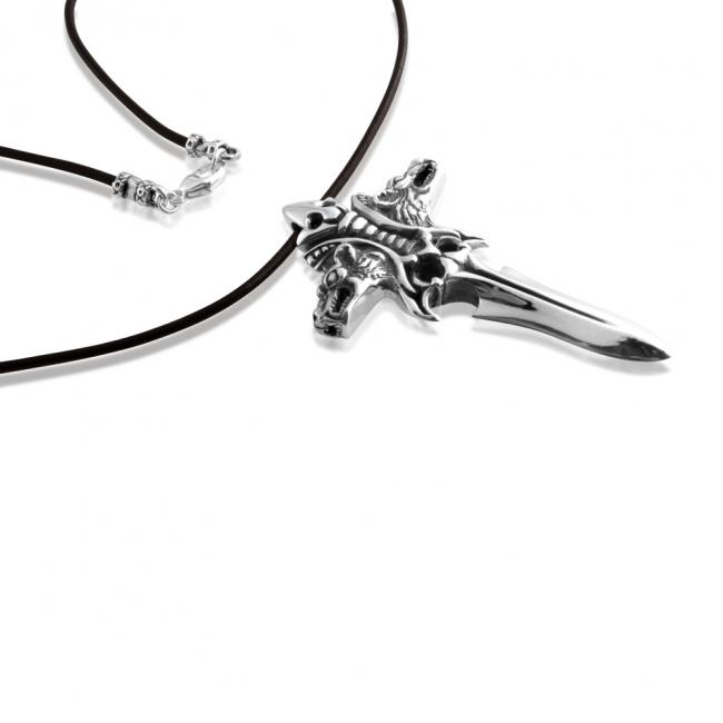 925 sterling silver necklace Double Head Dragon Sword