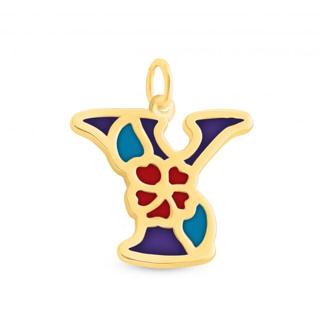Gold plated necklace Colored Initial Letter Y with Flower