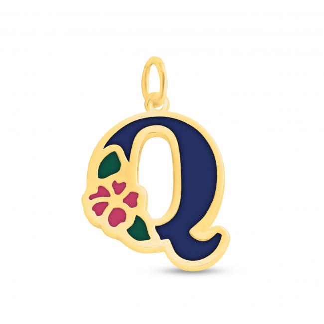 Gold plated necklace Colored Initial Letter Q with Flower
