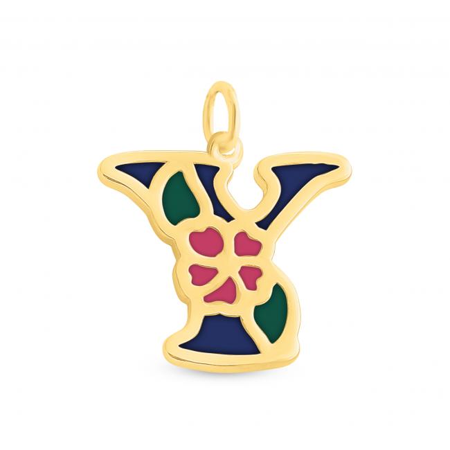 Gold plated necklace Colored Initial Letter Y with Flower