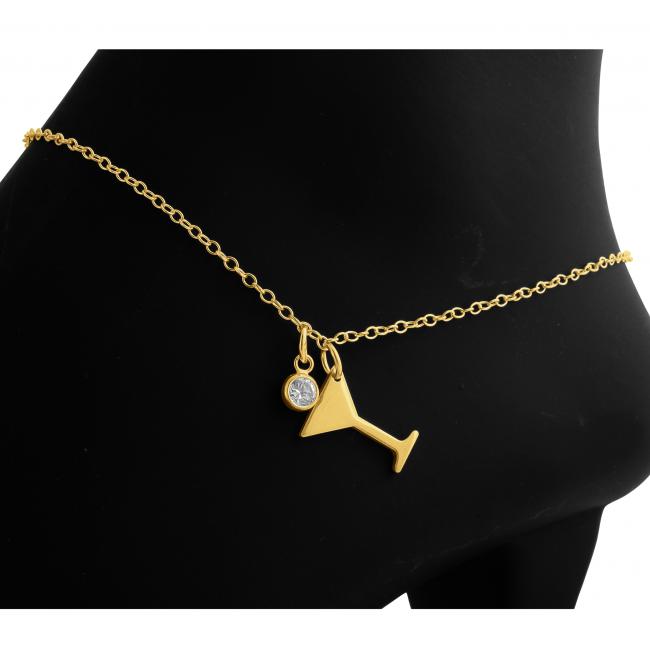 Gold plated anklet Tiny Martini Glass Cocktail Happy Hour Charm Pendant w/ CZ
