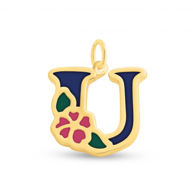 Gold plated necklace Colored Initial Letter U with Flower
