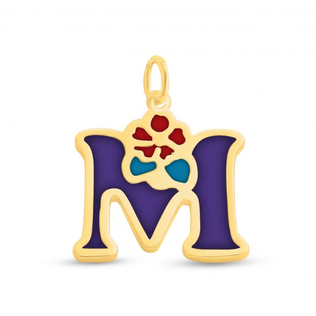 Gold plated necklace Colored Initial Letter M with Flower