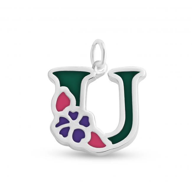 925 sterling silver necklace Colored Initial Letter U with Flower