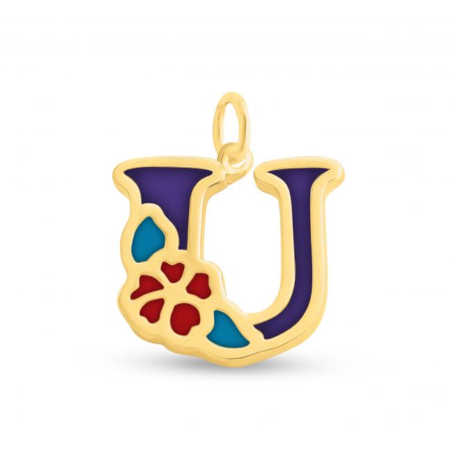 Gold plated necklace Colored Initial Letter U with Flower