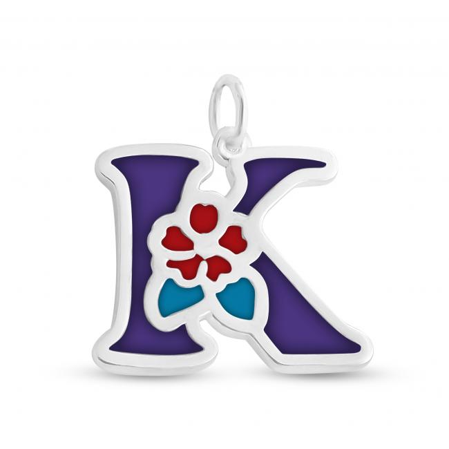 925 sterling silver necklace Colored Initial Letter K with Flower