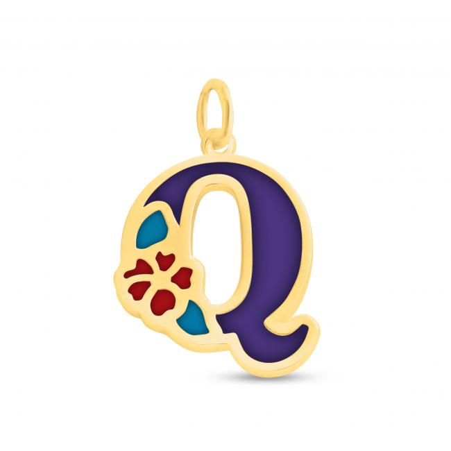 Gold plated necklace Colored Initial Letter Q with Flower