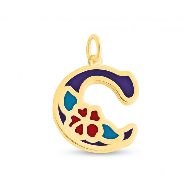 Gold plated necklace Colored Initial Letter C with Flower