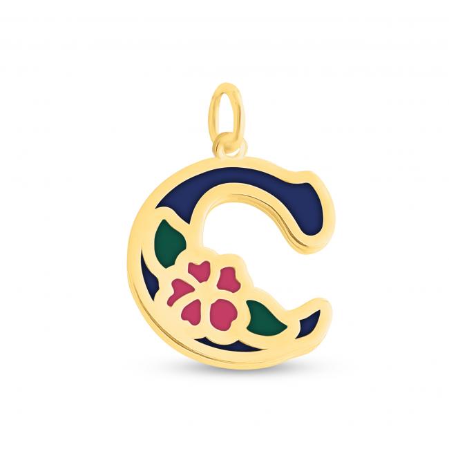 Gold plated necklace Colored Initial Letter C with Flower