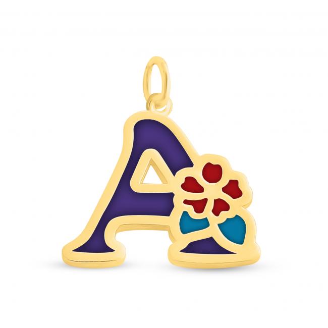 Gold plated necklace Colored Initial Letter A with Flower