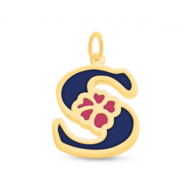 Gold plated necklace Colored Initial Letter S with Flower