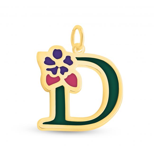 Gold plated necklace Colored Initial Letter D with Flower