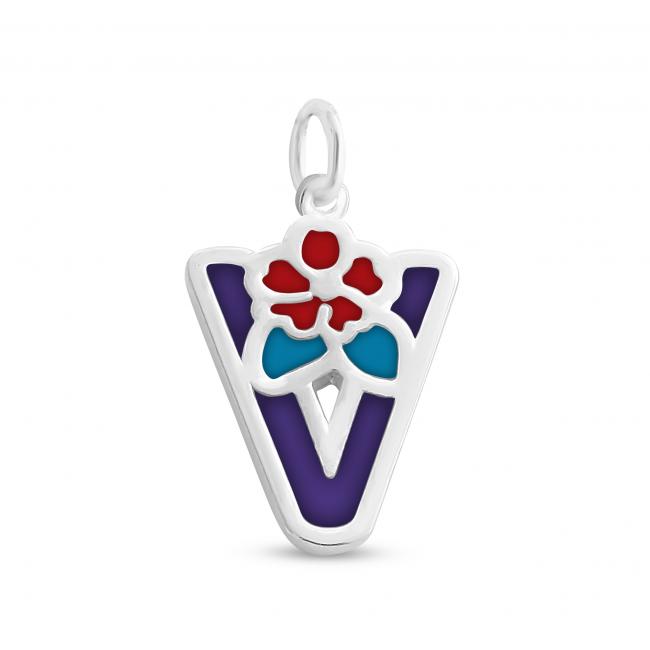 925 sterling silver necklace Colored Initial Letter V with Flower