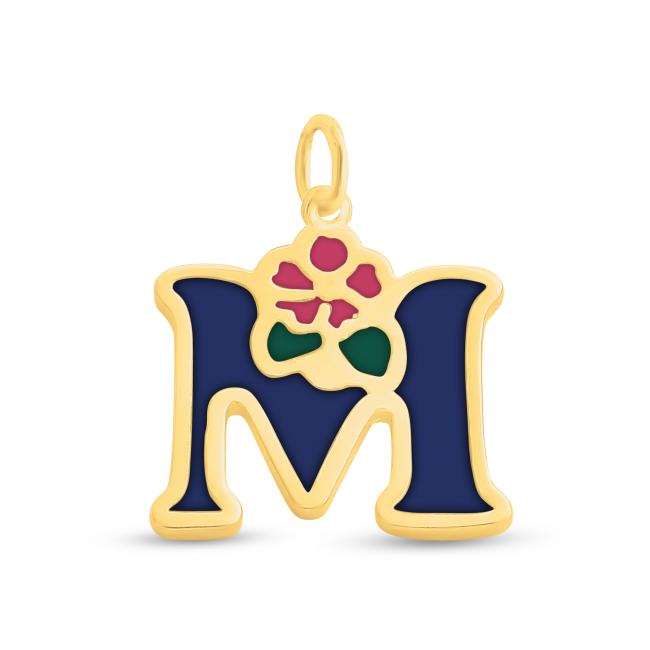 Gold plated necklace Colored Initial Letter M with Flower