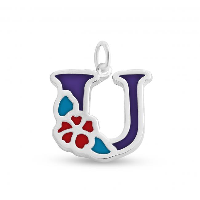 925 sterling silver necklace Colored Initial Letter U with Flower