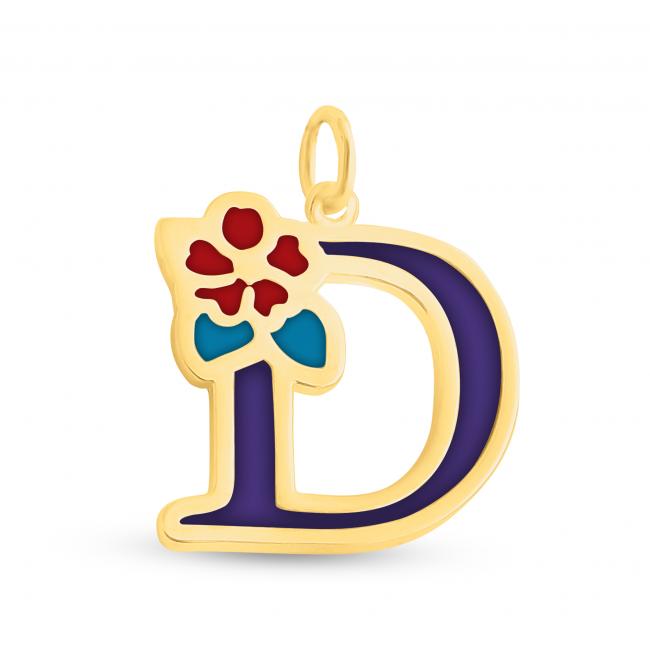 Gold plated necklace Colored Initial Letter D with Flower