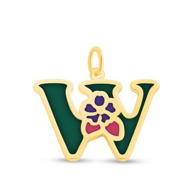 Gold plated necklace Colored Initial Letter W with Flower