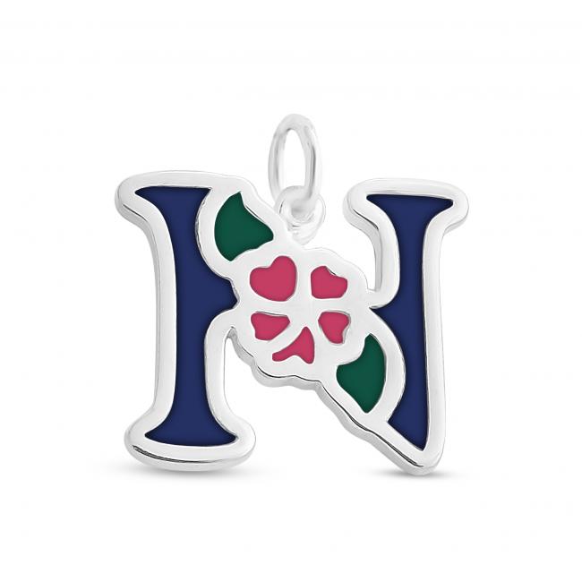 925 sterling silver necklace Colored Initial Letter N with Flower