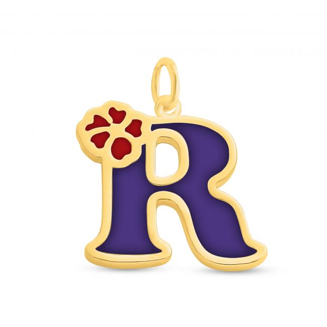 Gold plated necklace Colored Initial Letter R with Flower