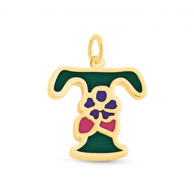 Gold plated necklace Colored Initial Letter T with Flower