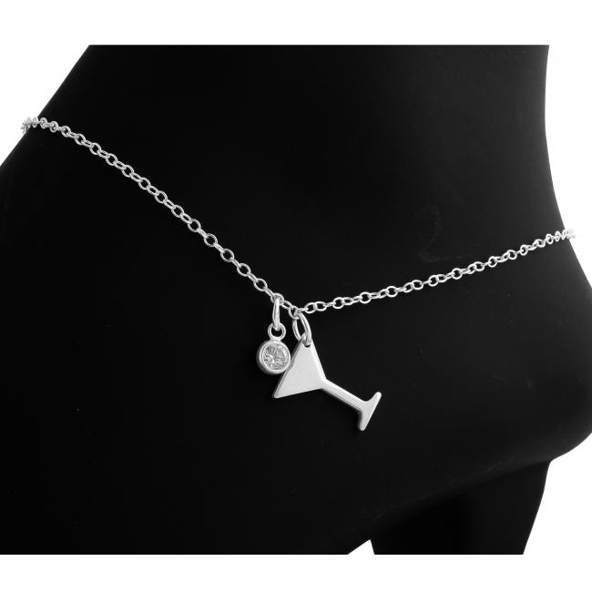 925 sterling silver anklet Tiny Martini Glass Cocktail Happy Hour Charm Pendant w/ CZ