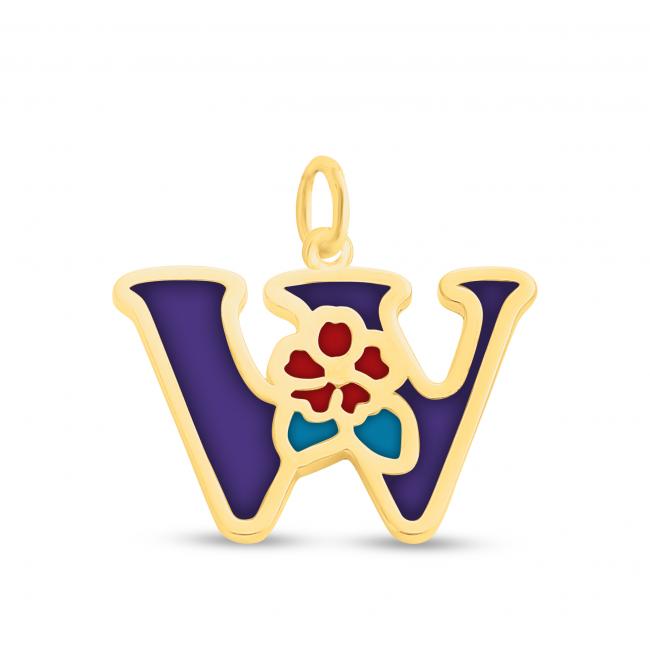 Gold plated necklace Colored Initial Letter W with Flower