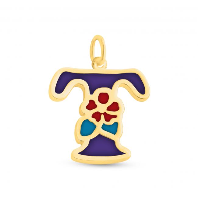 Gold plated necklace Colored Initial Letter T with Flower