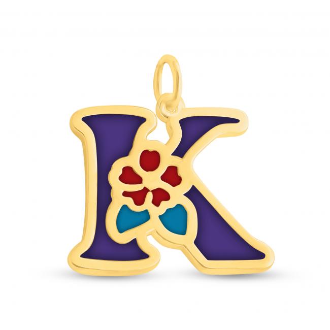 Gold plated necklace Colored Initial Letter K with Flower