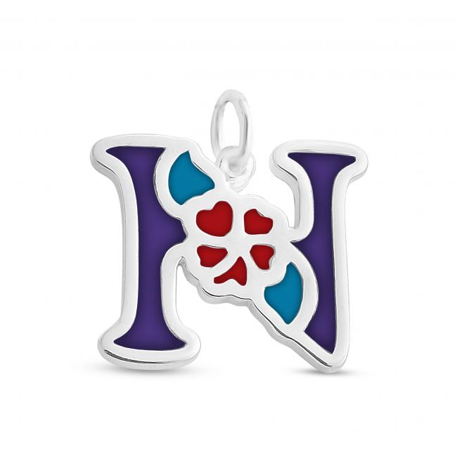 925 sterling silver necklace Colored Initial Letter N with Flower
